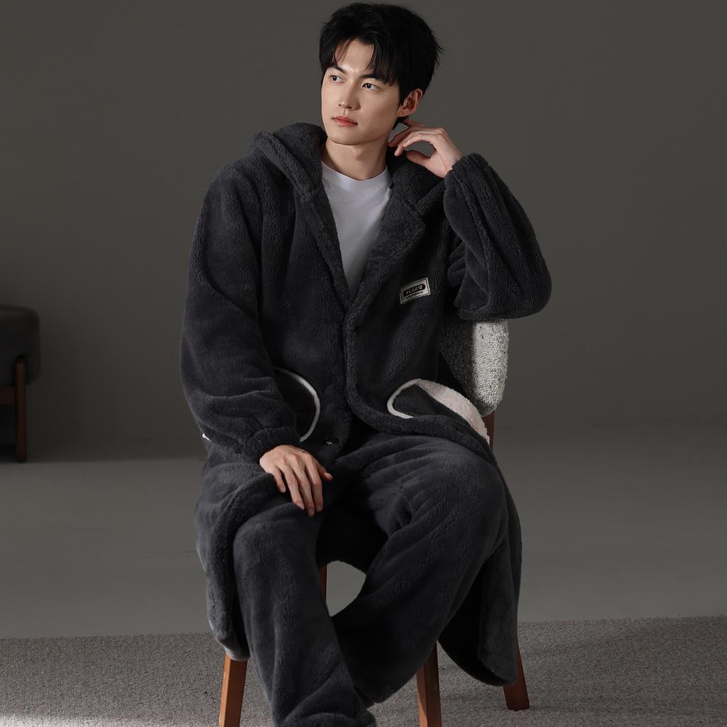 Teen men's pajamas autumn and winter 1011 new plush nightgown coral fleece thickened two-piece set loungewear