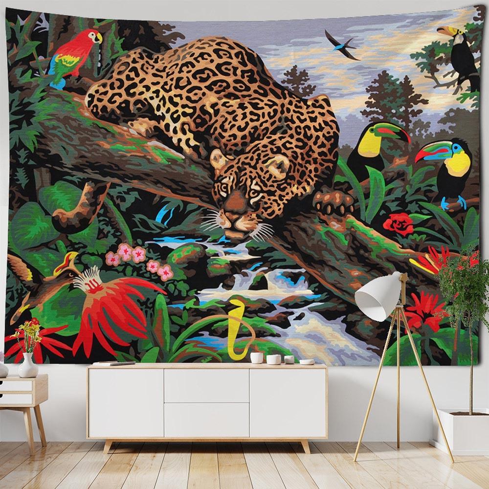 Tropical plant and animal tapestry, leopard wall hanging, Bohemian hippie Tapiz, bedroom, living room, home decoration