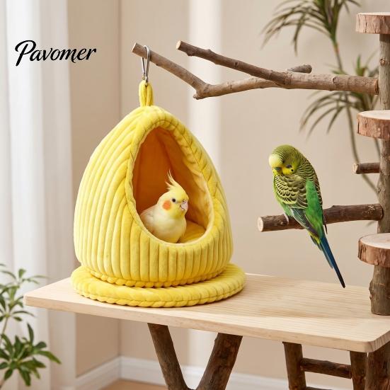 Detachable Bird Bed Hanging Parrot Nest Bed, Winter Striped Plush Water Drop Shape Warm Hideaway Cozy Cave with Removable Cushion, Cage Hammock