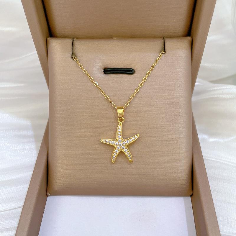 Fashion Simple Gold Color Starfish with Zircon Pendant Necklaces for Women Stainless Steel Chain Jewelry Accessories Gifts