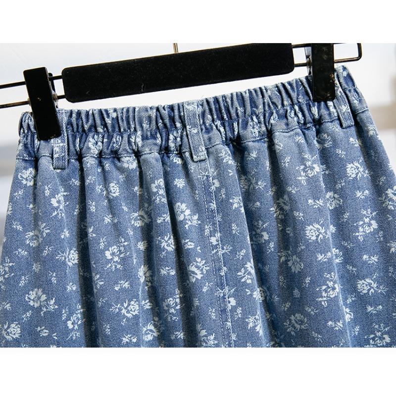 DIMANAF 2025 Übergröße Herbst Winter Damen Lange Röcke Elastischer Bund Unterteile Übergröße Druck Floral Blau Denim