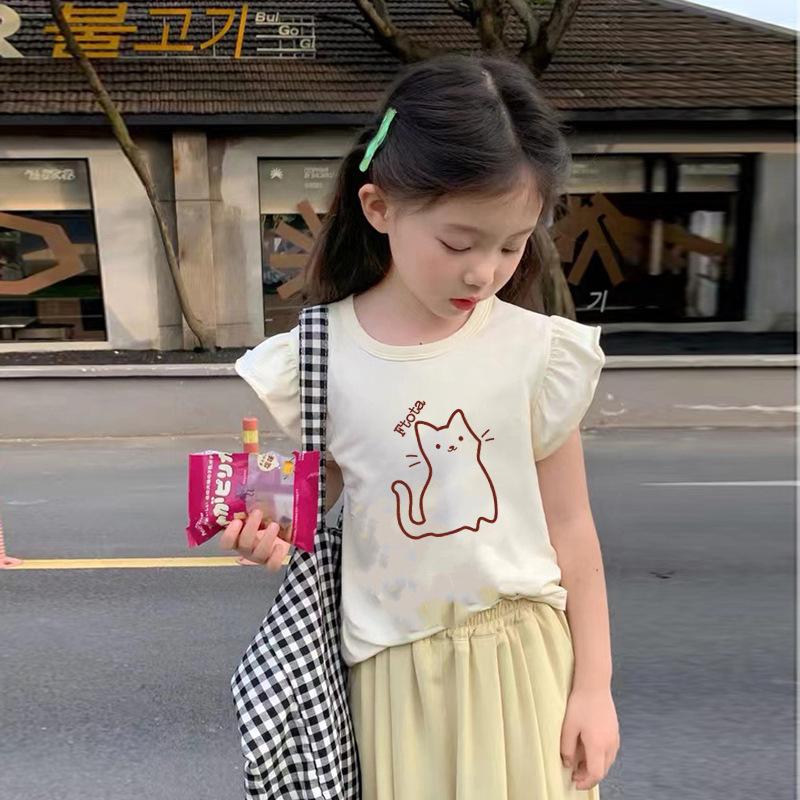 Girls Summer Cotton Cartoon Print T Shirt Trendy Flutter Sleeve Top