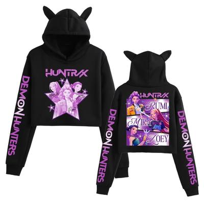 KPop Demon Hunters Cat Ears Fashion Hoodie Harajuku Streetwear Autumn Pullover Girls Cute Crop Tops Women Hoodie Casual Outwear