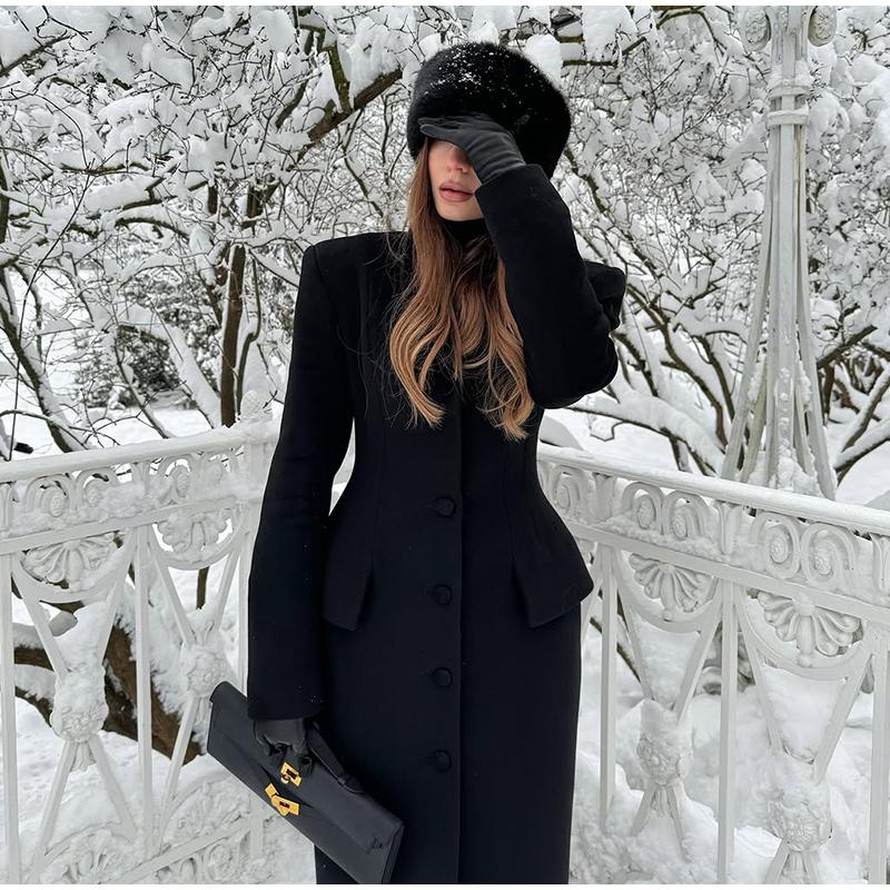 Lapel Single-breasted Long Ladies Coat Fashion All-match Solid Color Thick Coat Autumn and Winter New Ladies Long Jacket