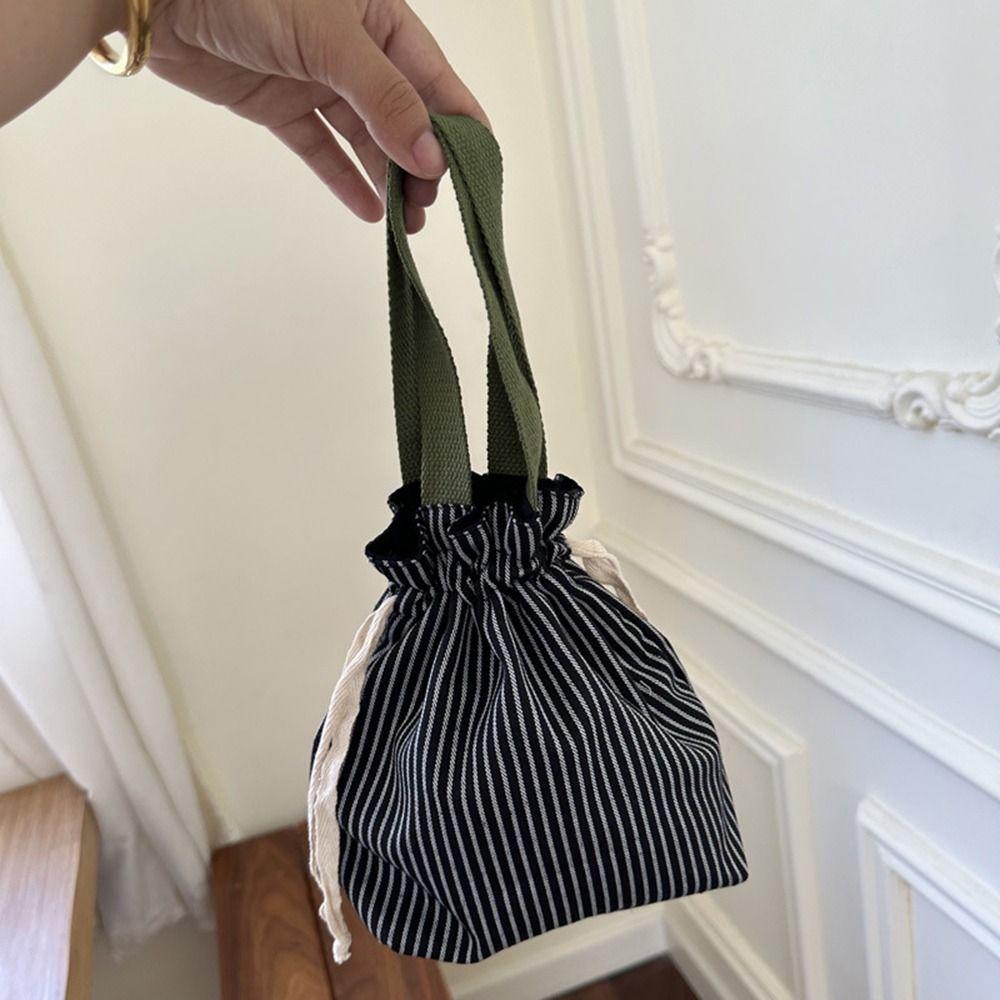 Stripes Drawstring Organizer Bag Top Handle Handheld Coin Purse Cosmetic Storage Pouch  Picnic