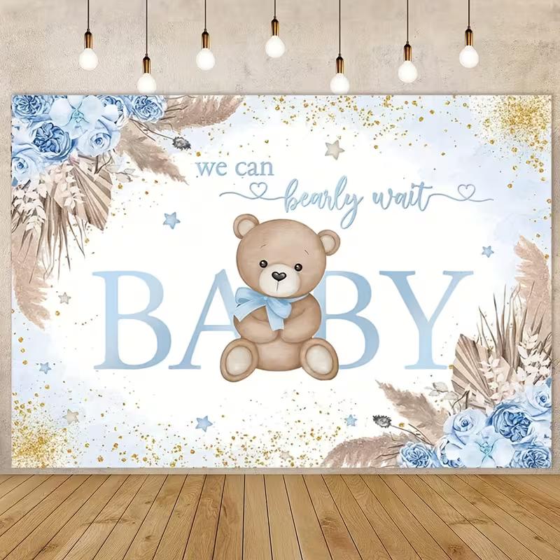 We Can Bearly Wait  Backdrop with Blue Teddy Bear, Pampas Grass and Gold Glitter Photography Background 47.2x31.5inch/120*80cm