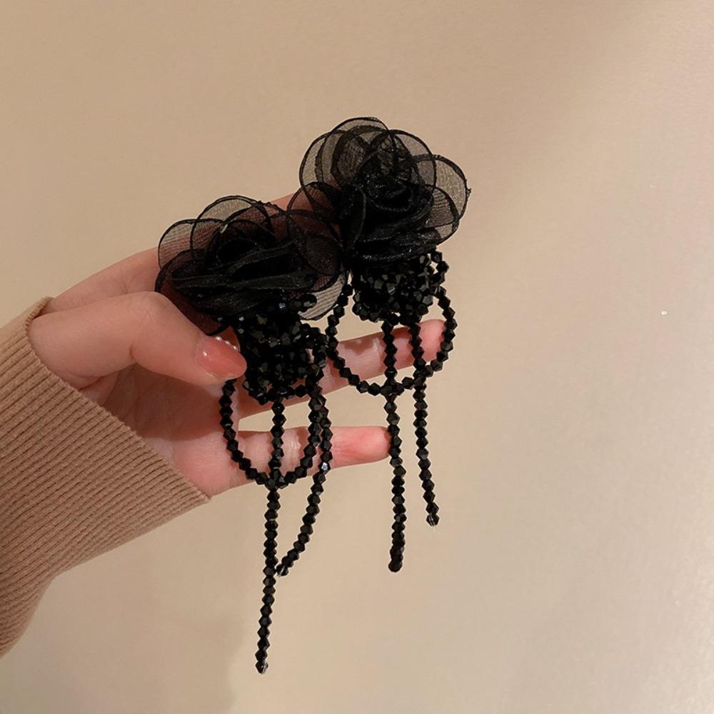 Light Luxury Tassel Earrings Silver Needle Crystal Dangle Earrings Gauze Flower Earrings  Women
