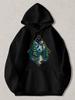 Suitable Black Hooded Sweatshirt - Geometric Mountain Lake Night Sky Print Pullover Hoodie - Outdoor Casual Wear for Hiking Campin