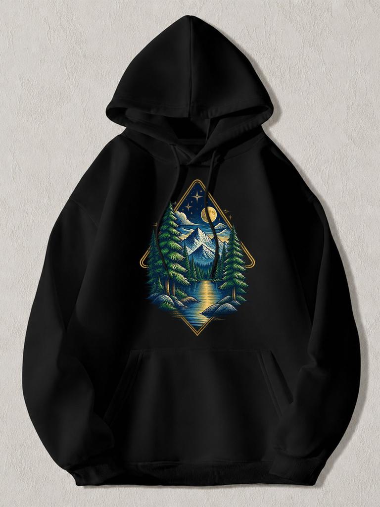 Suitable Black Hooded Sweatshirt - Geometric Mountain Lake Night Sky Print Pullover Hoodie - Outdoor Casual Wear for Hiking Campin