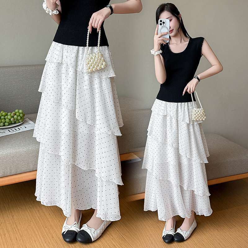 Qooth Polka Dot Ruffle Tiered Midi Skirt Asymmetric Patchwork Cake Skirt QT2878 One Size белый
