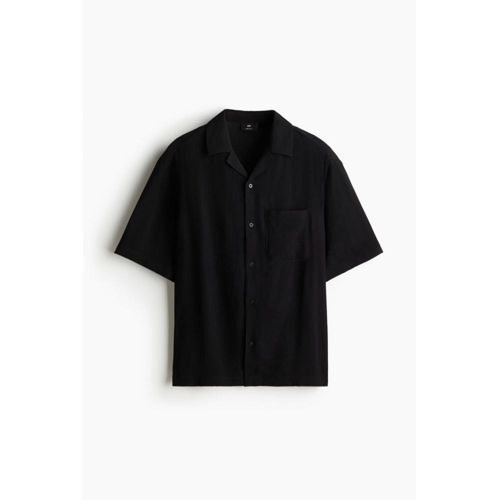 H M Regular Fit Crinkle caMp sHirt Black