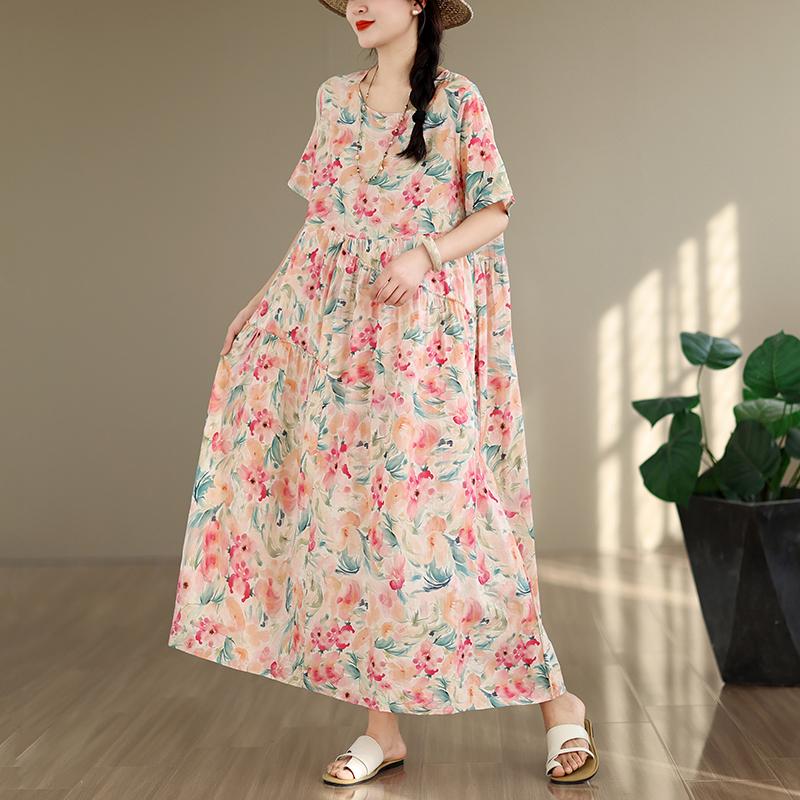 DIMANAF New 2026 Sundress Women Plus Size Summer Casual Print Long Dress Cotton Loose Oversize Maxi Floral Beach Holiday