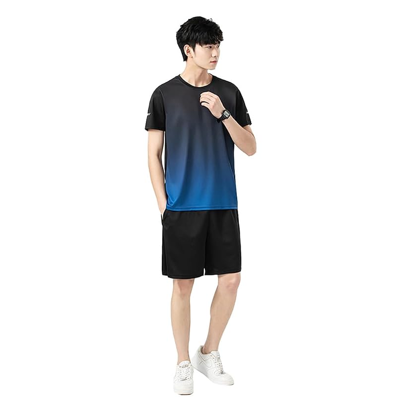 [ODONATE] Men's Sportswear Short-Sleeve Tracksuit Set (Top and Bottom) - Breathable, Odor-Resistant, Sweat-Wicking, Quick-Drying Shorts - Running
