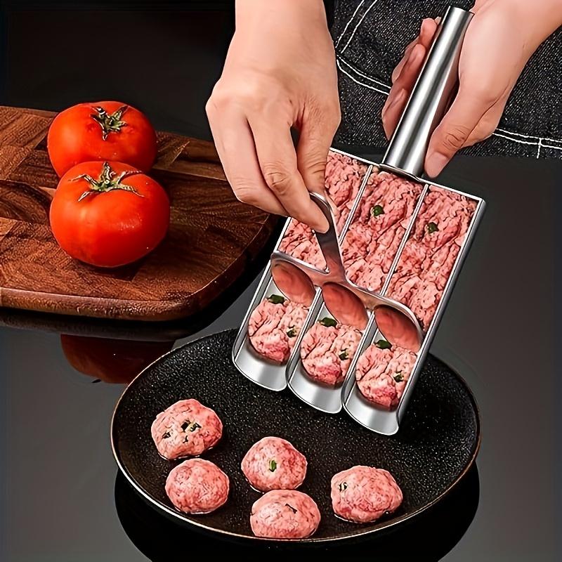Stainless steel triple meatball maker, non-stick and food-safe. Manual operation, effortless meatball shaping for home and RV kitchens.