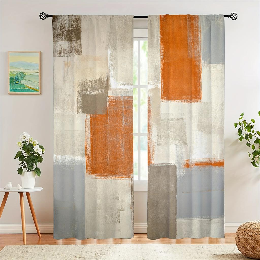 2pc Abstract Printed Window Curtain For Bedroom, Office, Kitchen, Living Room Rod Pocket Window Treatment For Home Decor Room