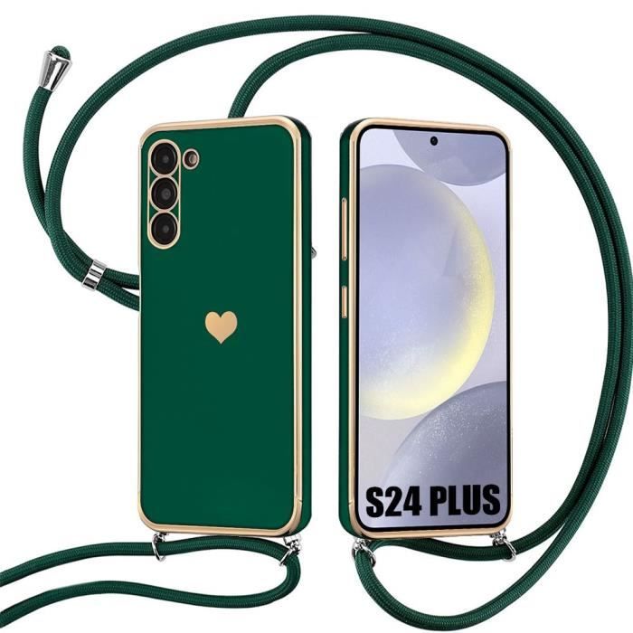 Coque bandoulière pour samsung galaxy s24 plus (s24+), souple tpu vert nuit antichoc motif cœur anti-rayures