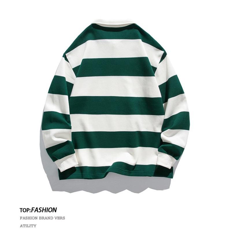 New Autumn Men's New Loose Striped Double-bead Floor Cotton Sweatshirt Lapel Long-sleeved POLO Shirt