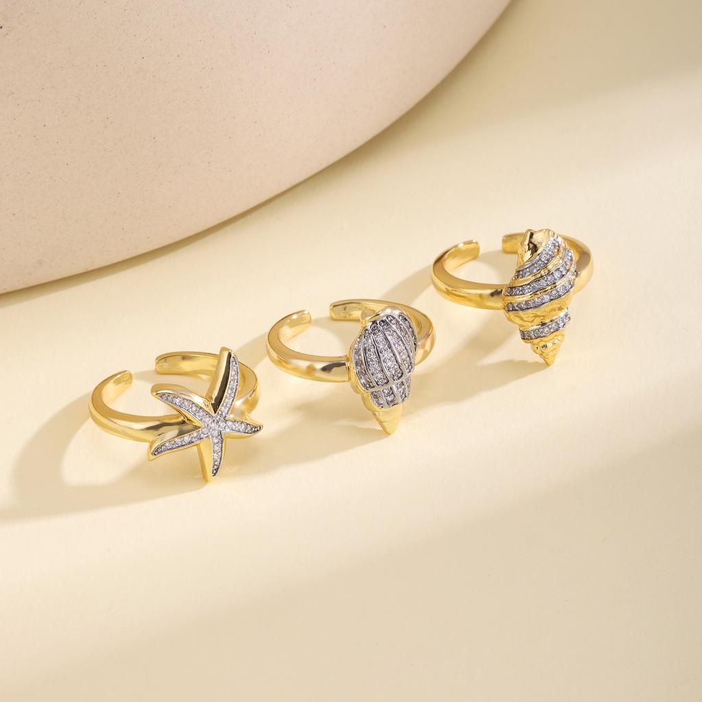 Nidin Trendy Two-Tone Plating Conch Shell Starfish Open Ring Adjustable For Women Minimalist Design Fashion Beach Jewelry Gifts