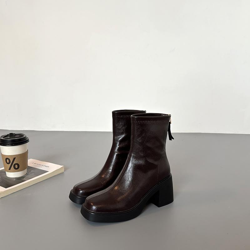 Thick soled short boots 2026 Spring and Autumn high-heeled short boots square toe women's boots