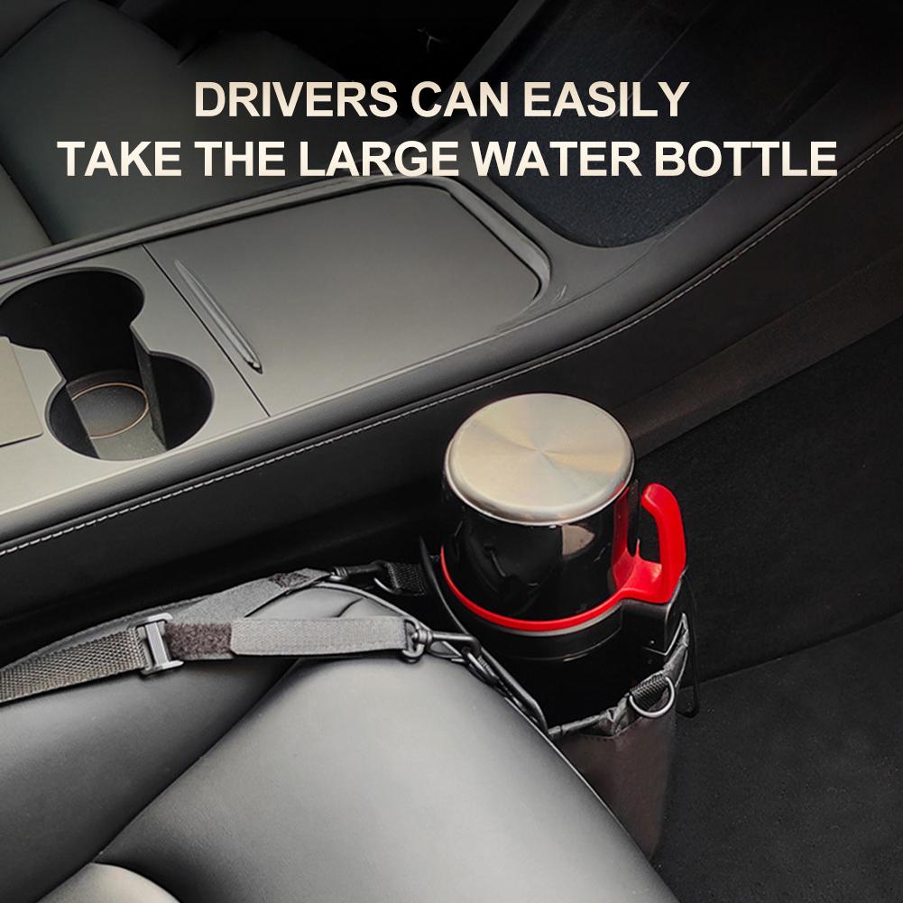 Universal Car Water Bottle & Thermos Holder For Center Console Side Mount with Storage Pocket Adjustable Strap Interior Organize