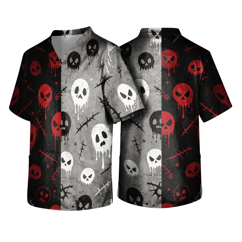 Pánský halloweenský potiskovaný V-výstřih s krátkým rukávem, zdravotnický top s kapsou, pro uniformu pečovatele, pracovní