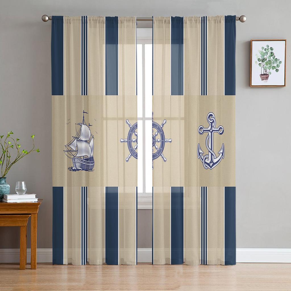 Vintage Sailing Ship Nautical Chiffon Sheer Curtains for Living Room Bedroom Decoration Window Voiles Tulle Curtain Drapes