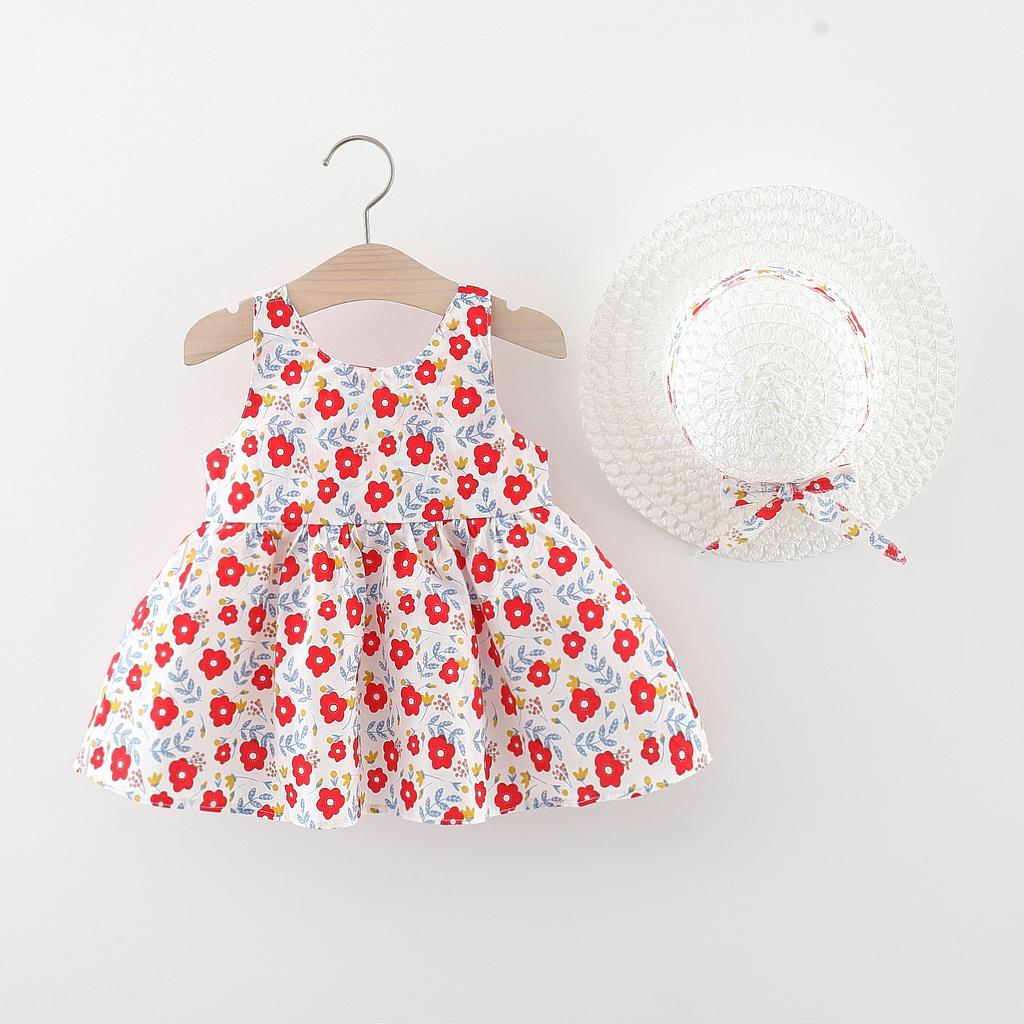 Summer Girls Cotton Princess Dress With Hat Large Bowknot Front Cute Kids Clothing For Little Girl Party Wear