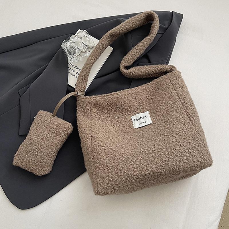 

Женская однотонная теплая плюшевая сумка через плечо из искусственной шерпы с внутренним карманом, винтажная сумка кроссбоди для работы и путешествий CLE 30x12x31cm хаки
