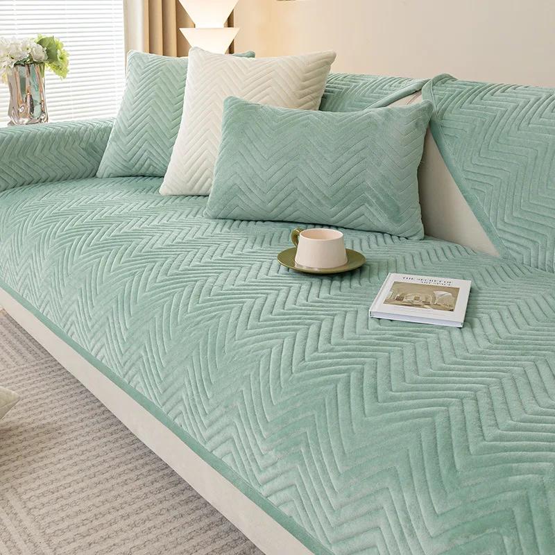 Thickening Short Plush Quilted Sofa Cover Non-slip Chevron Sofa Cover Universal Sectional L-shaped Couch Cover Backrest Towel