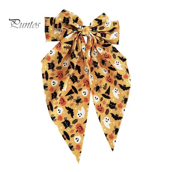Pumpkin Print Bow Barrette Halloween Silky Satin Hair Bows, Big Ribbon Clips, Oversized Dynamic Long Tail Barrettes, Cute Accessories for Women Girls