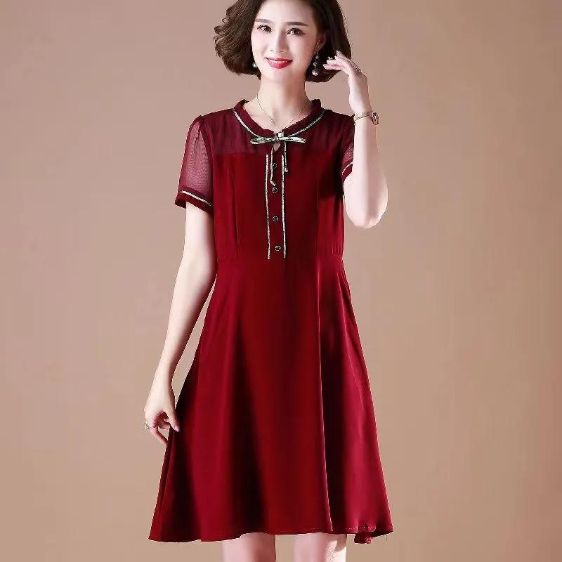 

Женское элегантное черное платье миди с коротким рукавом, сетчатой вставкой, контрастной отделкой, А-силуэта, повседневное XL красный