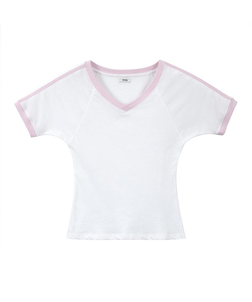 LOTSYOU Lotsyou_V Neck Ringer T-Shirts Light Pink