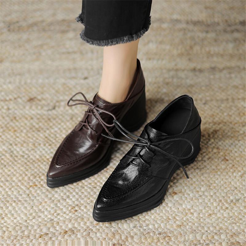 Mode Neue Frühling Schafleder Damen Schuhe Spitze Zehenpartie Damen Pumps Plateau Schuhe für Damen Schnürung Hoher Absatz Keilabsatz Slipper Damenschuhe