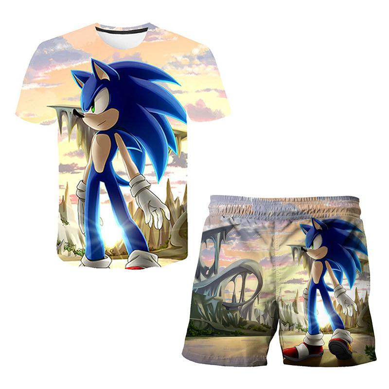 2025 MINISO Ny Japansk Tecknad Sonic 2 T-shirt Barnens Topp Shorts Tvådelat Set Sommar Pojke Tecknad Söt SONIC T-shirt+ Strandbyxor