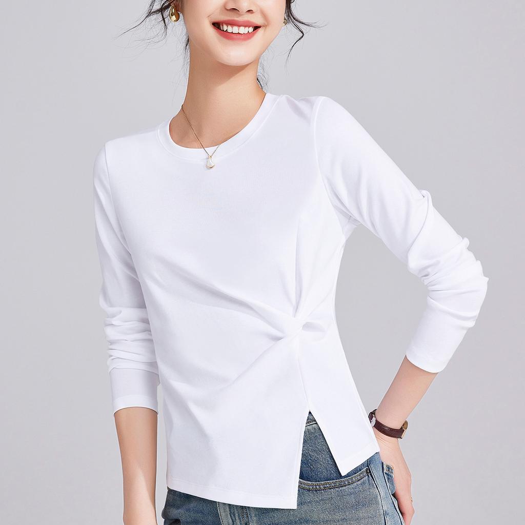 Spring and Autumn New Crew Neck Irregular Long Sleeve Women's Slim Pleated Design Niche Bottom Shirt Top