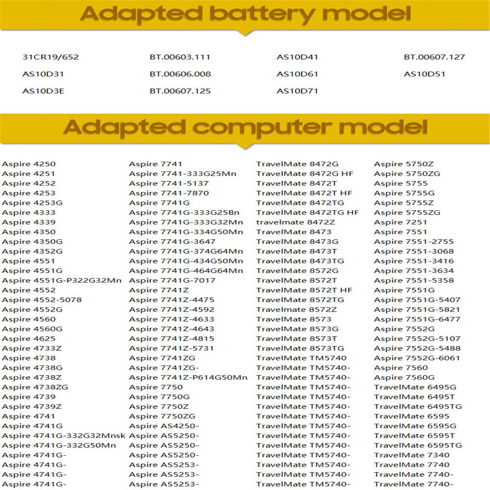 Rechargeable Lithium Battery For Acer Aspire 7560G 4741G 4750G 4743G 5750G 5741G E1-471G/571G AS10D81 AS10D51 AS10D71 AS10D31 AS10D41 Laptop Battery