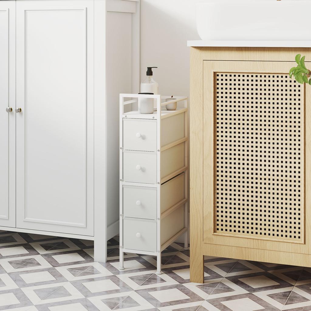 4-Drawer Foldable Fabric Dresser, Narrow Storage Cabinet, Modern Style, Steel Frame, 20 x 43 x 81.5 cm White