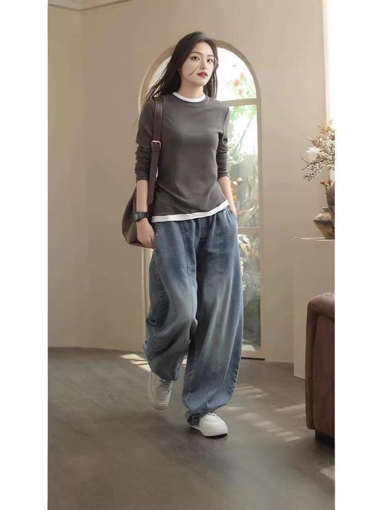 Women's Plus Size Elastic Waist Denim Wide-Leg Harem Pants - Slimming and Casual for Spring and Autumn