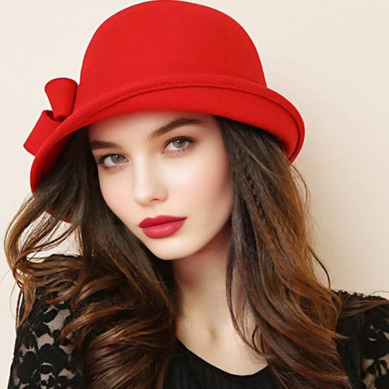Ladies Wool Felt Bucket Hat Vintage Cloche Fedora Hat Female Bowler Hat with Bow Winter Wedding Church Jazz Cap