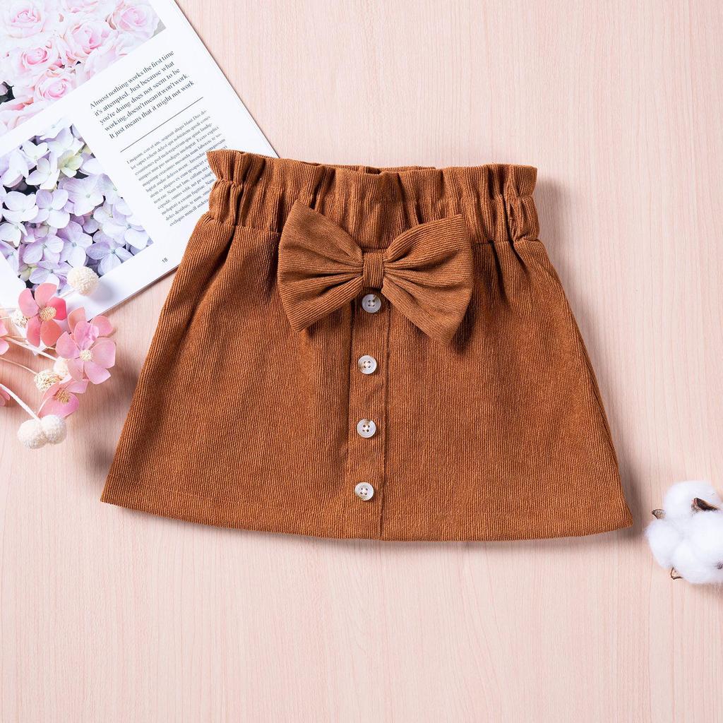 2024 Spring/Autumn Girls' Corduroy Bow Skirt - Solid Color, Single-Breasted, Fashionable.