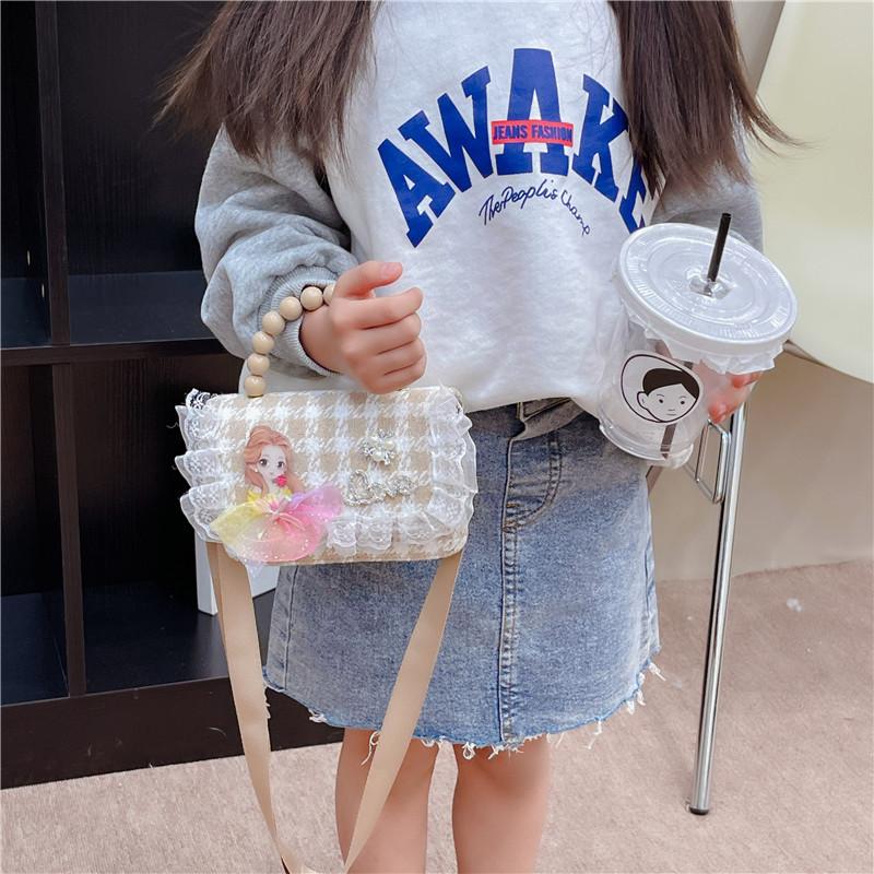 Fashion Simulation Pearl Bow Design Whoundstooth Pattern Children Shoulder Bag For Daily Use
