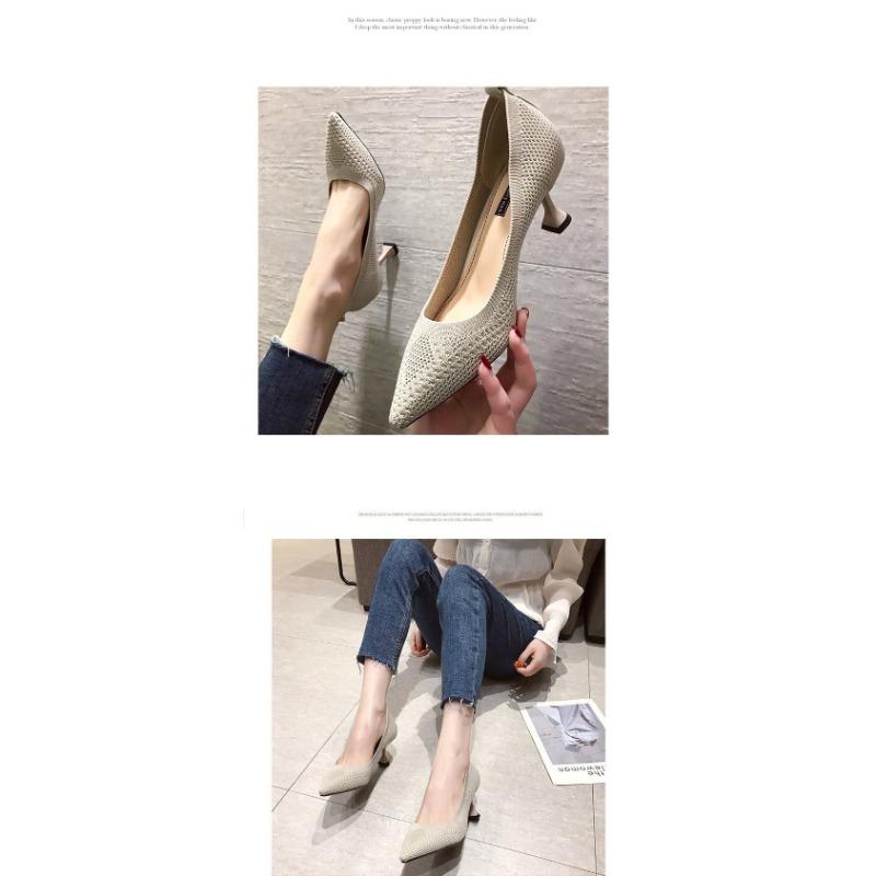 Damen High-Heel Stiletto Einzelne Schuhe Frühling und Herbst Neu Stretch Gestrickt Flach Vier-Jahreszeiten Schuhe
