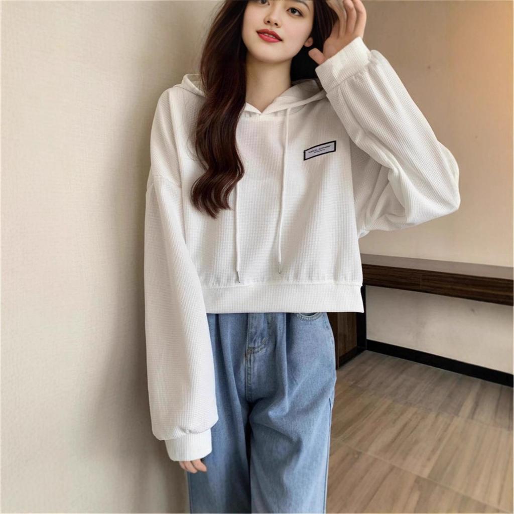 Women's Hooded Pullover Hoodie Loose Fit Solid Casual Spring Fall Waffle Knit Cropped Tops