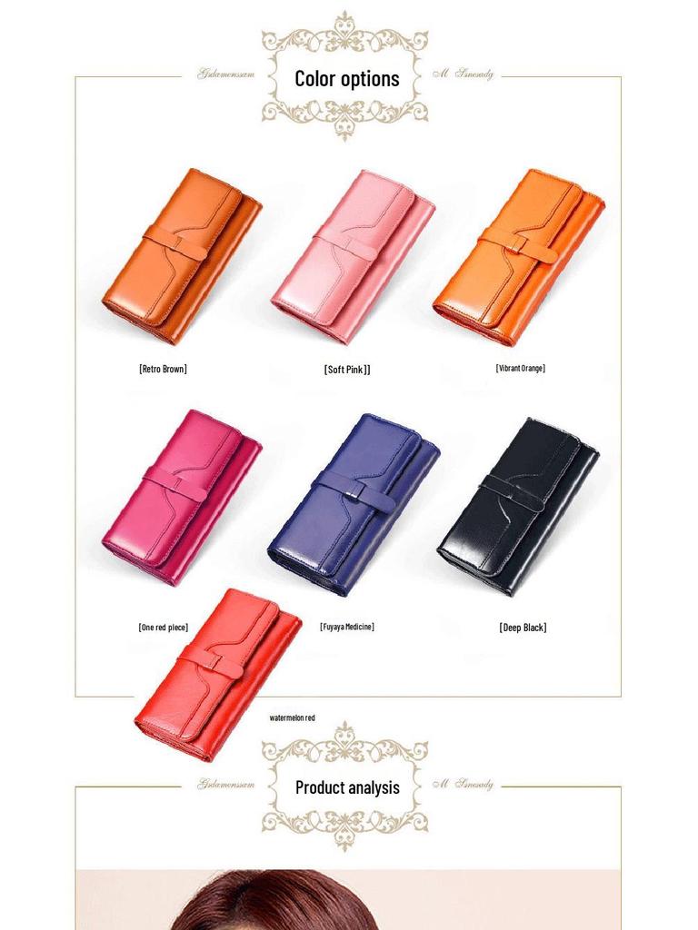 Women's Tri-Fold Genuine Leather Wallet: Large Capacity, Multiple Card Slots, Korean Style Coin Purse with Clasp.