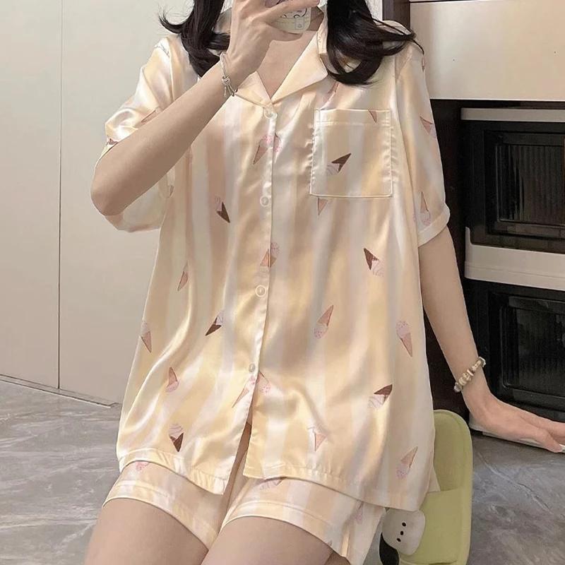 

Милая женская пижама с рисунком мороженого из мультфильма Harajuku в полоску для дома и летней одежды для сна XXL