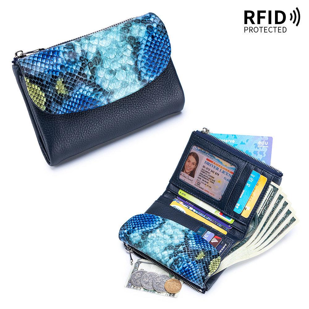 Genuine Leather Women s Trifold Wallet, Large Capacity, RFID-Blocking, Soft Snake Print Texture.