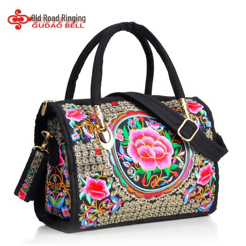 Ethnic Embroidered Drum-Shape Tote & Crossbody Canvas Bag