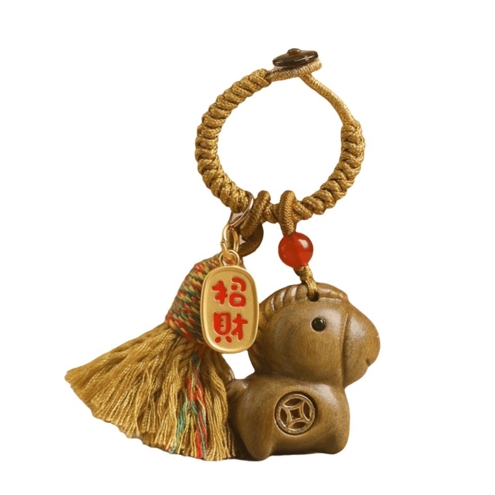 Handmade Rope Sandalwood Keychain Sandalwood Material Fortune Horse Keychain  Festival Decoration