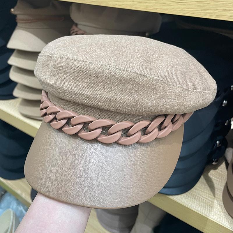 Autumn and winter chain splicing navy hat casual woolen newsboy hat versatile octagonal hat British beret