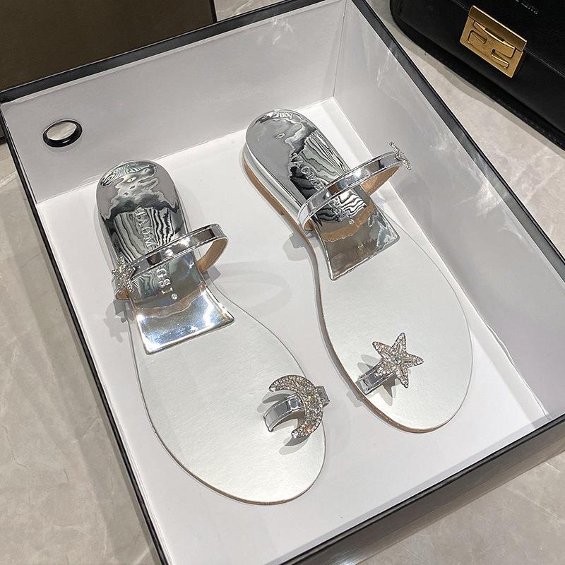 

Fashion rhinestone clip toe slippers women silver summer wedges shoes star and moon buckle flip flops woman crystal sandalias big size43 34 серебряный